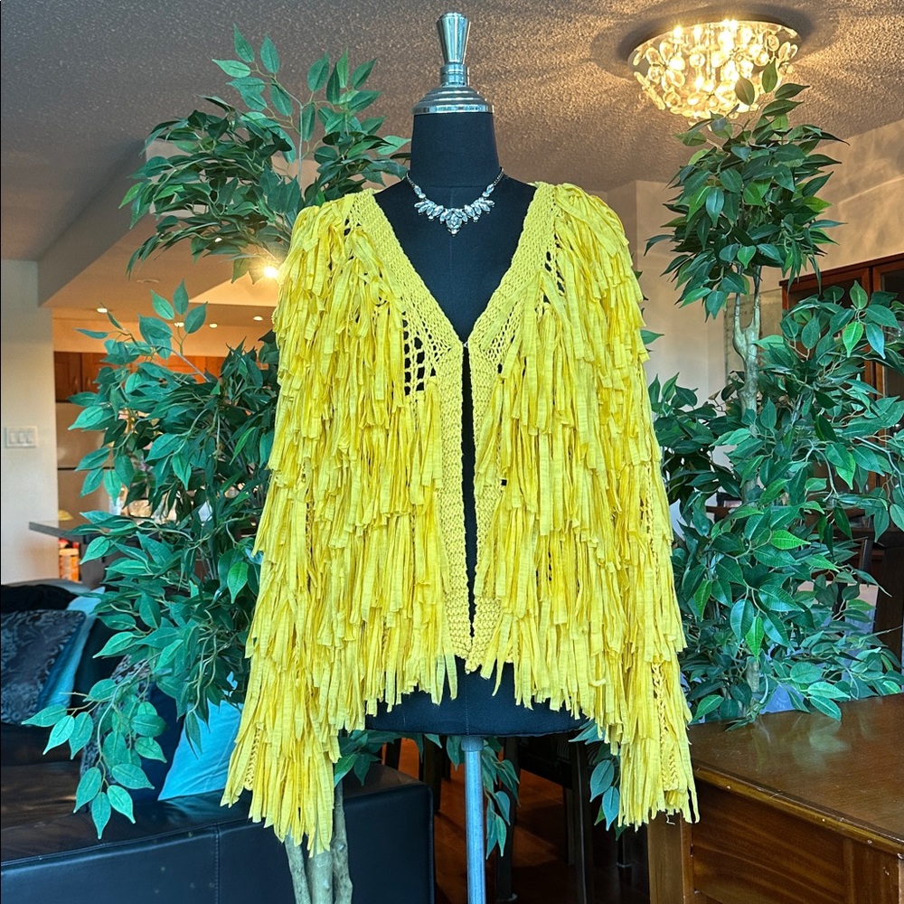 Fashion Nova Fun Fringe Yellow Mustard Knit Cardigan Sweater Jacket